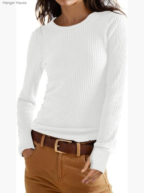 Tops - Waffle Knit Long Sleeve Crew Neck Slim Fitted Top with Thumbholes